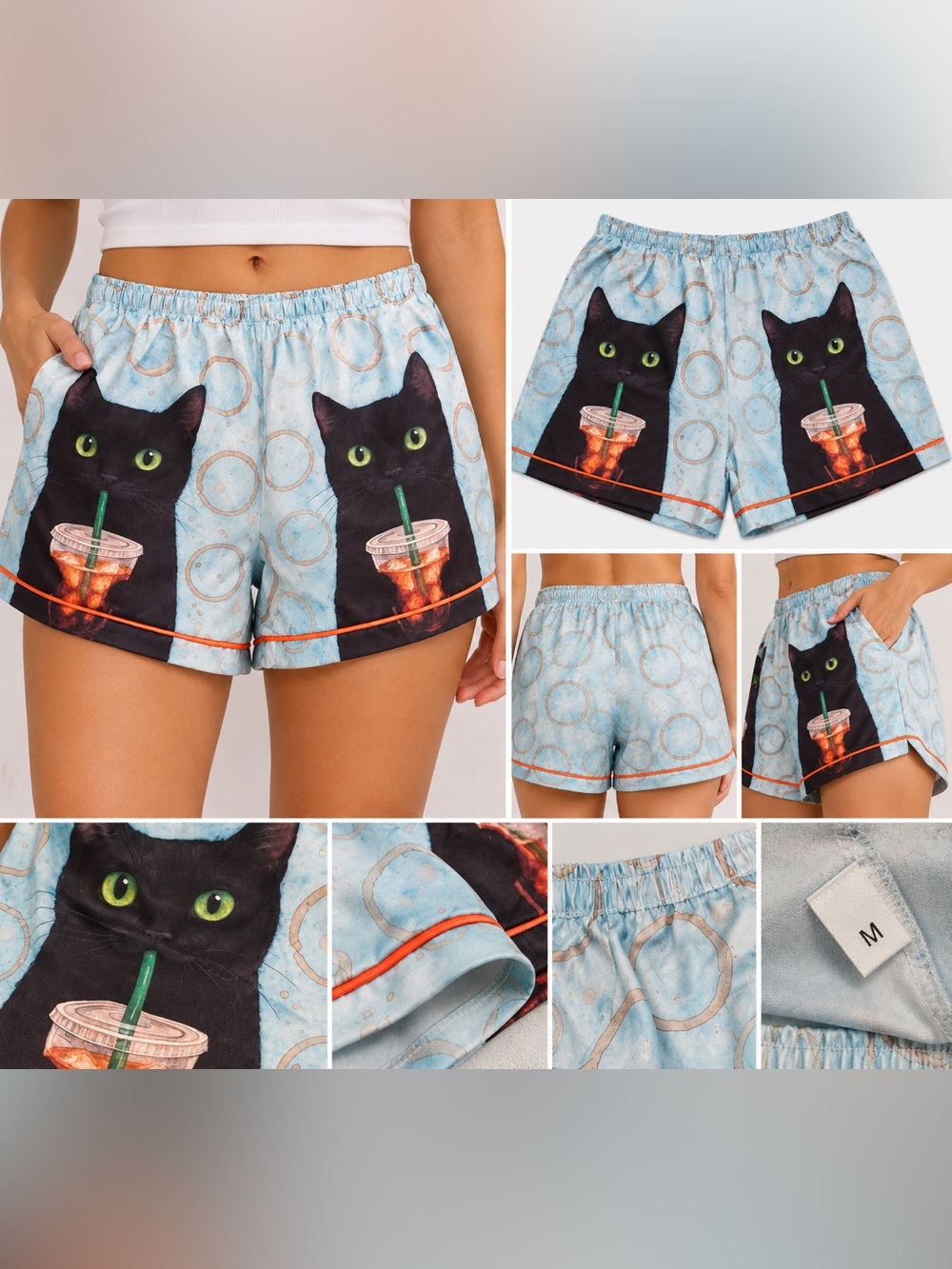 Cat Print High Waist Shorts in Blue & Black Size Medium
